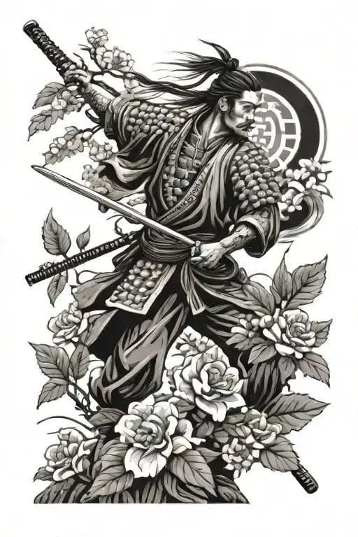 Japanese Samurai Standing In The Wind Roses And Leaves Not Alone At The Bottom