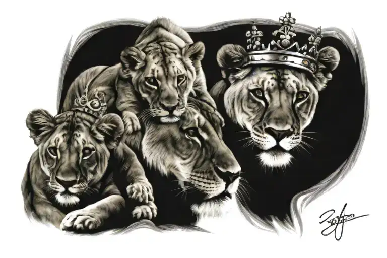Lioness Wearing A Crown With Cubs Girl Boy