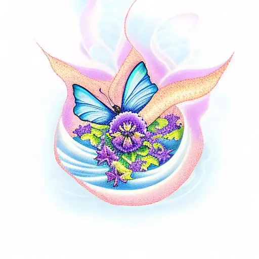 Violet Flower With Butterflies And A Ocean Wave