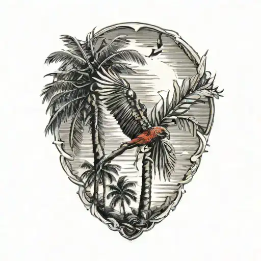 Flying Cardinal Over Palm Tree