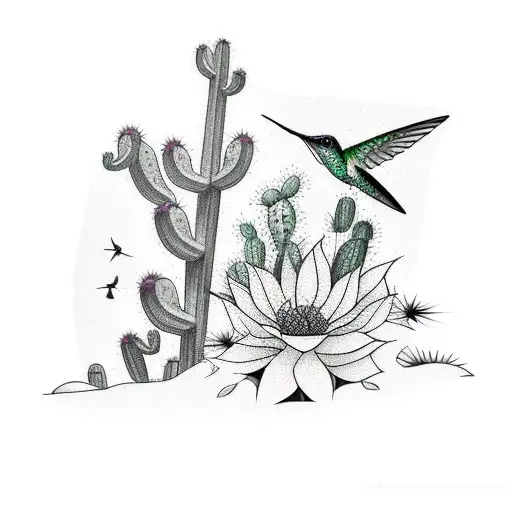 Cactus And Hummingbird In A Minimalist Line Art Style
