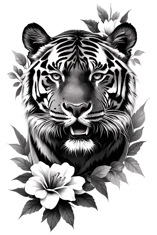Tiger And Flowers Black And Grey
