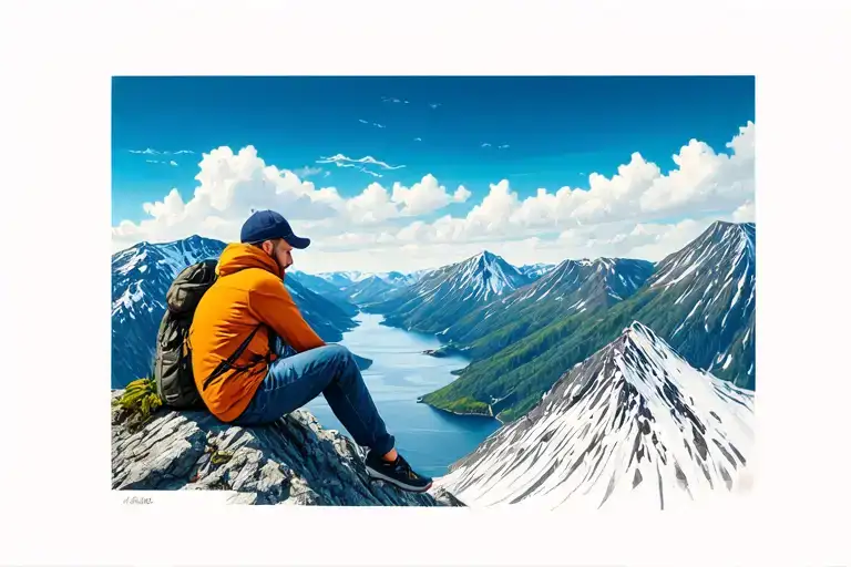 Guy Sitting On Top Of A Mountain And Enjoying The View In Norway After Impossible Climb