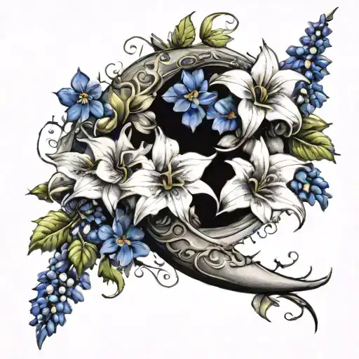 Crescent Moon Covered In Larkspur Flowers