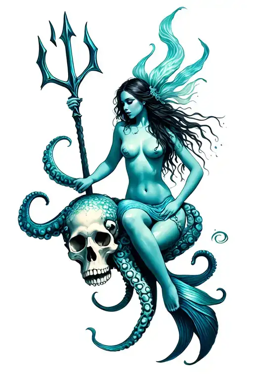 Siren Mermaid Sitting On An Octopus Skull Hybrid Holding A Trident