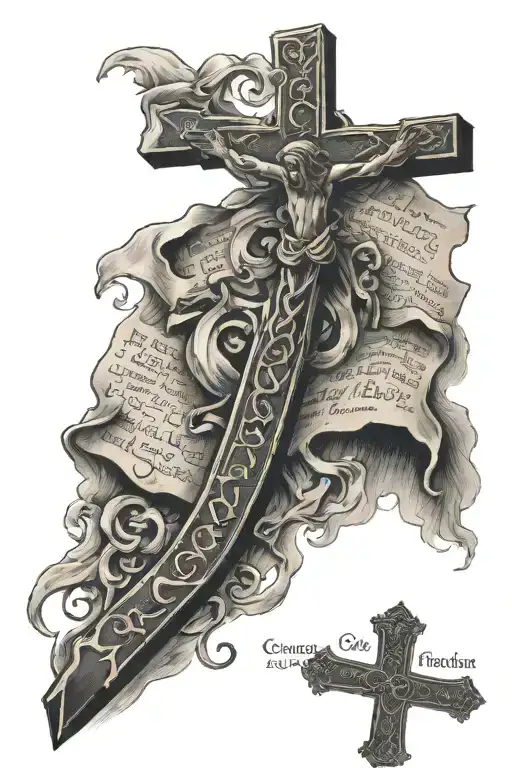 3 Blacked Out Crusafix Incorporating A Bible Verse Written In Italic Font With Shading All Around