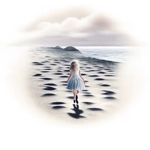 Little Girl Walking In The Sand And View Of The Sea In The Background