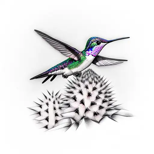 Hummingbird Perched On A Cactus With Intricate Patterns