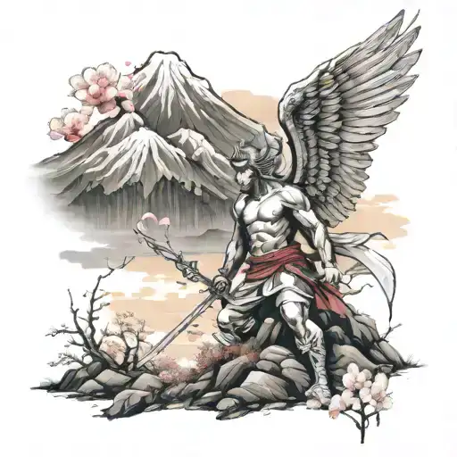 Angel With Wings On Field With Swords In Stuck In Ground Before Mountain Fuji With Sakura Tree