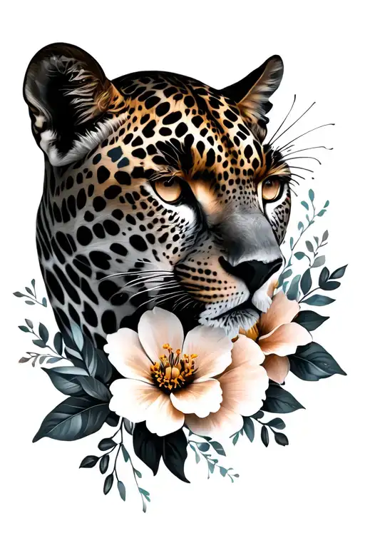 Leopard And Flowers Black And Grey