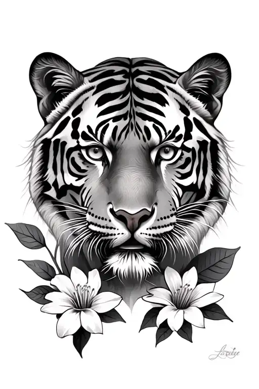 Tiger And Flowers Black And Grey