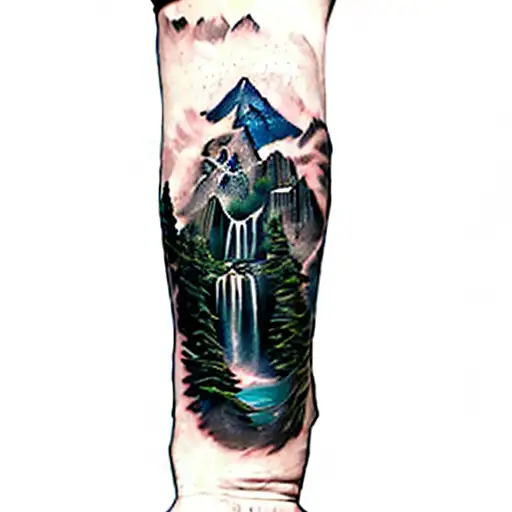 A Mountain Scene With A Waterfall With Father And A Daughter And Son