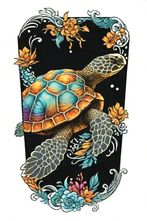 An Intricate Design Of A Sea Turtle Swimming Through A Kaleidoscope Of Colors Representing A Sunset