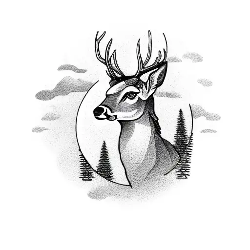 Deer With Oak Sheets And A Moon