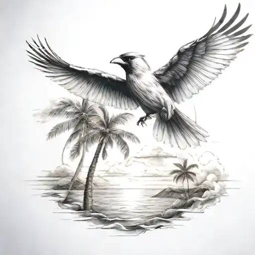 Flying Cardinal To The Ocean And Palm Tree With Clouds
