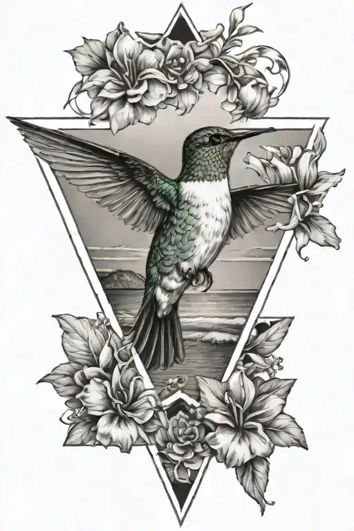 Hummingbird And Beach Scene Inside A Triangle Outline Intertwined