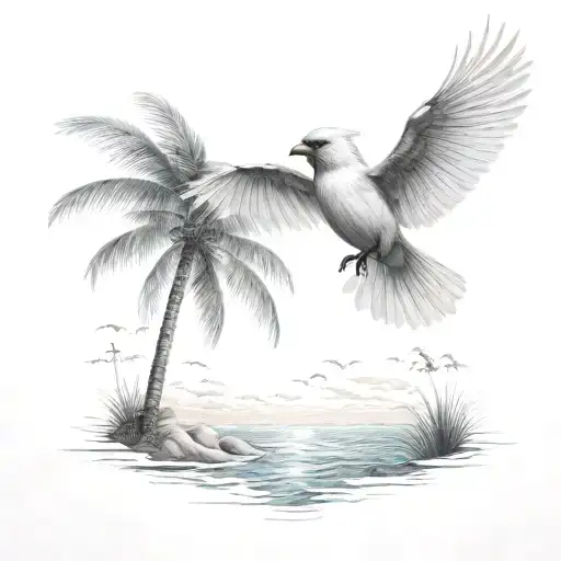 Flying Cardinal To The Ocean And Palm Tree