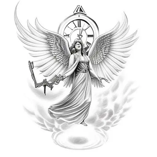 Guardian Angel Fighting Demons With Staircase To Heaven With A Broken Clock In The Back