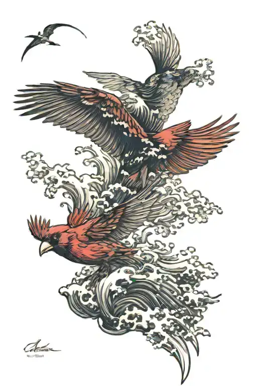 Flying Cardinal And Huge Wave Breaking