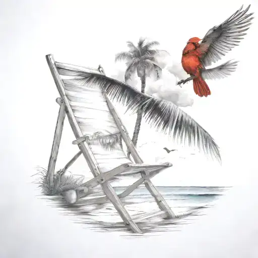 Flying Cardinal To The Ocean And Palm Tree With Clouds And A Beach Chair