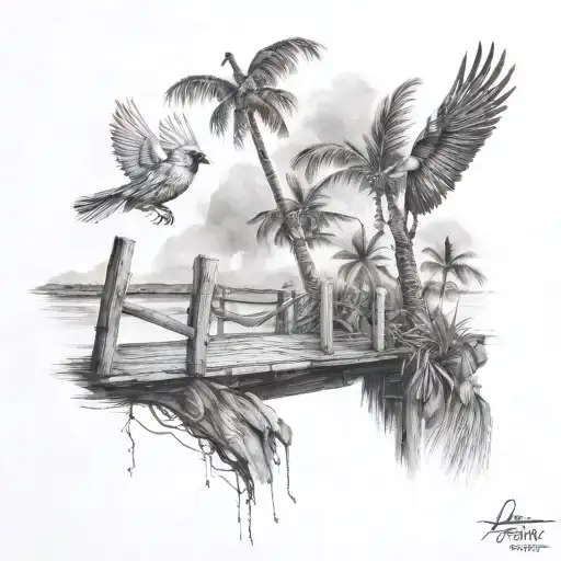 Flying Cardinal And Wooden Bridge To The Ocean And Palm Tree