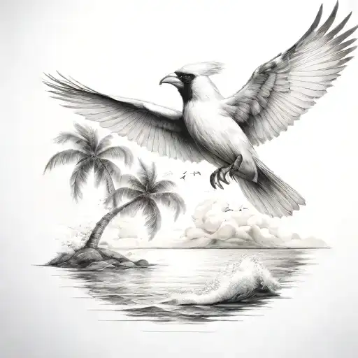 Flying Cardinal To The Ocean And Palm Tree With Clouds