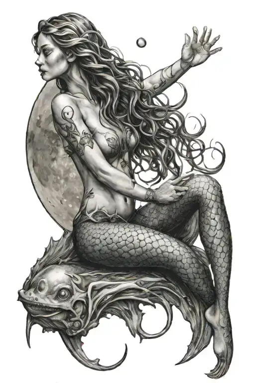 Mermaid Sits Turned Away On The Moon And Stretches Her Hands Up