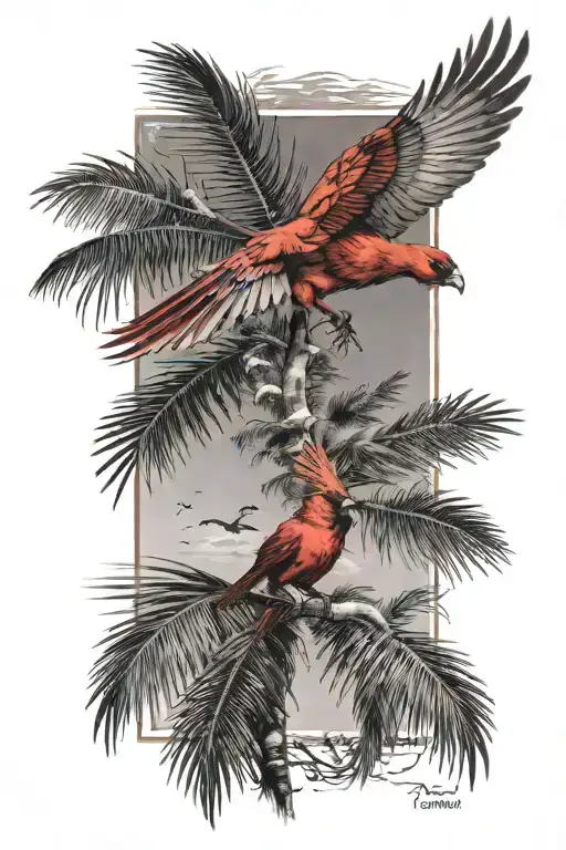 Flying Cardinal And A Palm Tree