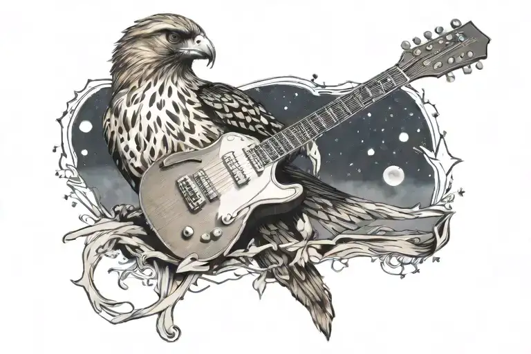Hawk Perched On A Guitar At Night Sky