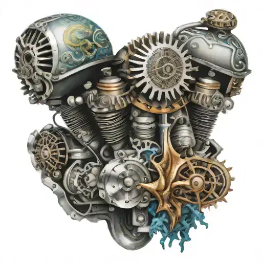 A Motorcycle Engine Designed With Indian Tribal Motifs And Underwater Sea Creatures