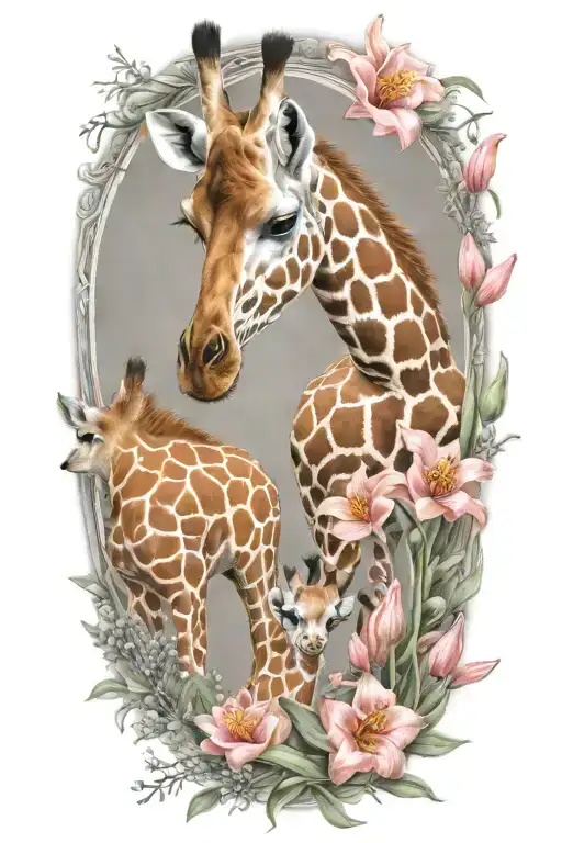 Mother And Baby Giraffe Surrounded By Gladiola And Poppy Flowers