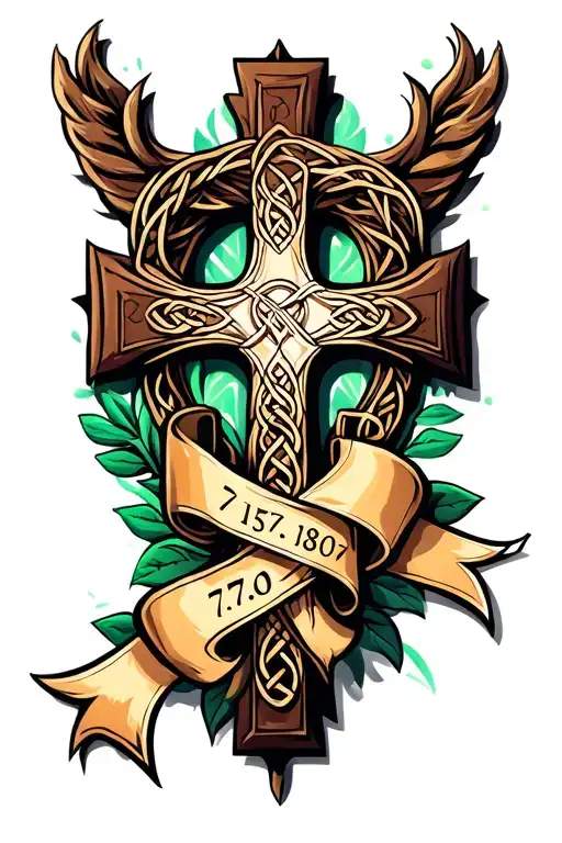 Celtic Cross Wrapped In A Ribbon With The Dates 7 15 18 And 5 7 07