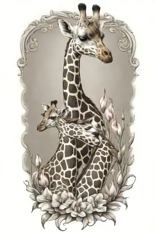 Mother And Baby Giraffe Surrounded By Gladiola And Poppy Flowers