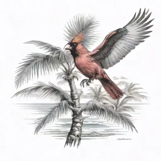 Flying Cardinal To The Ocean And Palm Tree