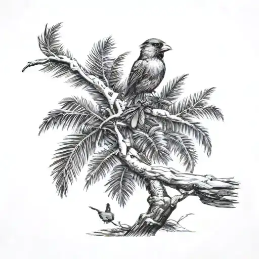 Palm Tree And Flying Cardinal