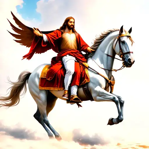 Jesus In Armor Riding A White Horse In The Sky