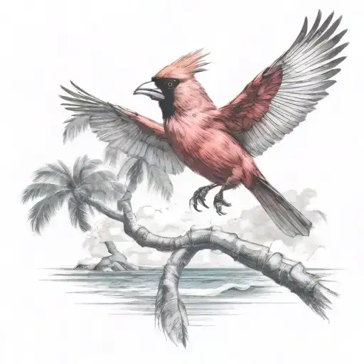 Flying Cardinal To The Ocean And Palm Tree