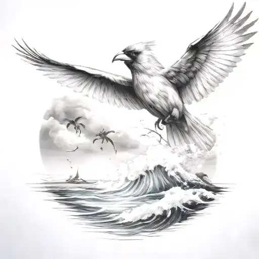 Flying Cardinal To The Ocean And Palm Tree With Ocean Wave