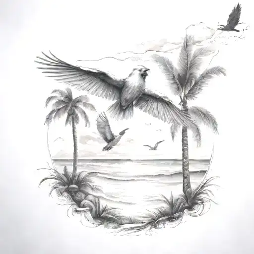 Flying Cardinal To The Ocean And Palm Tree With Lightning