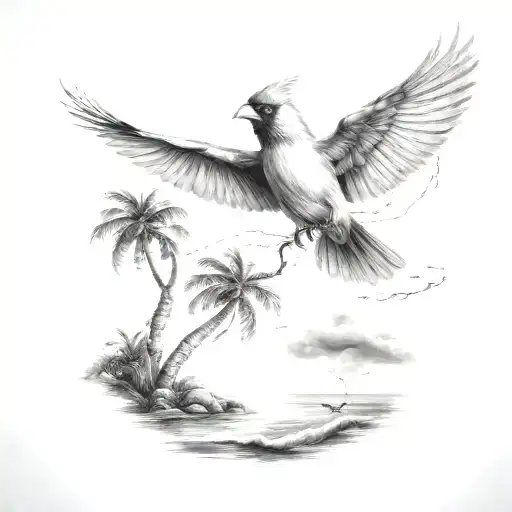 Flying Cardinal To The Ocean And Palm Tree With Lightning