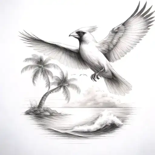 Flying Cardinal To The Ocean And Palm Tree With Big Wave