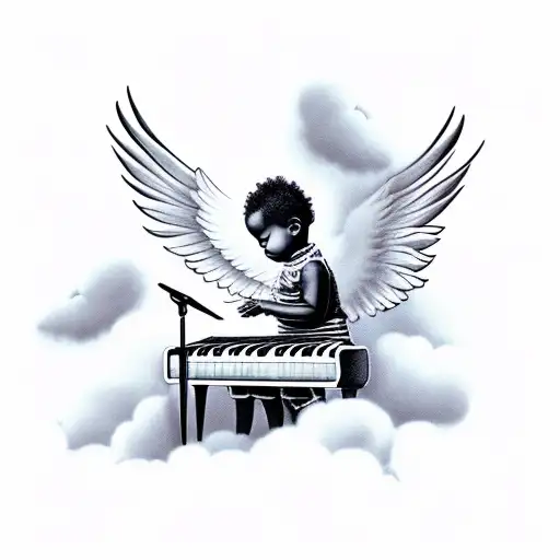 Black Baby Angel Playing Keyboard In Heaven With Doves Fly In Background