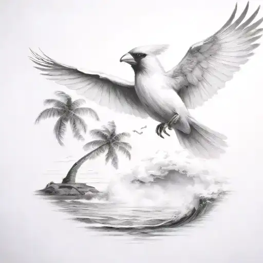 Flying Cardinal To The Ocean And Palm Tree With Big Wave And Lightning