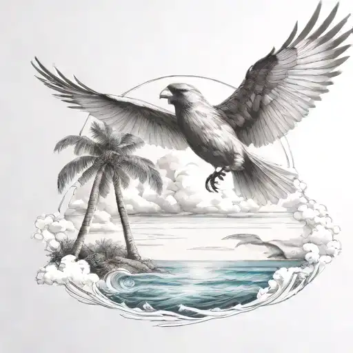 Flying Cardinal To The Ocean And Palm Tree With Clouds