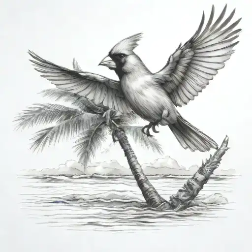 Flying Cardinal To The Ocean And Palm Tree