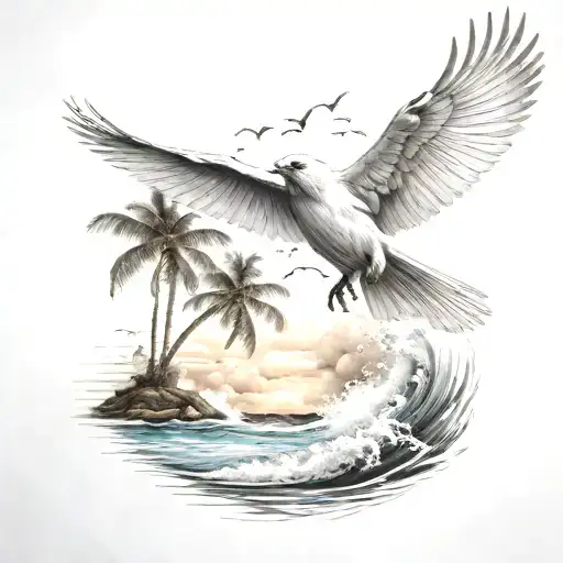 Flying Cardinal To The Ocean And Palm Tree With Big Wave