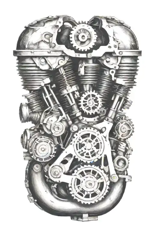 A Detailed Tattoo Of A Motorcycle Engine Intertwined With Carpentry Tools