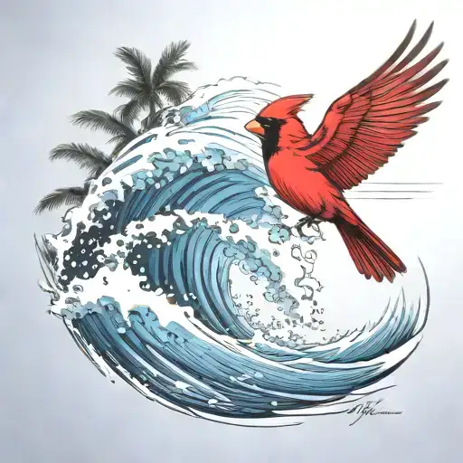 Cardinal Flying Under An Ocean Wave With Palm Tree Background