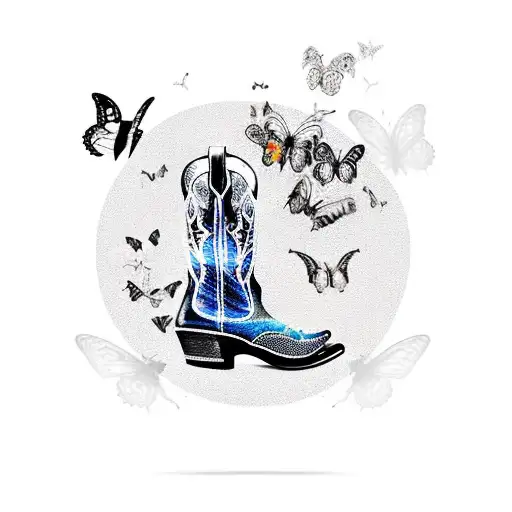 A Horseshoe With Butterflies Flying Out With Cowboy Boots And Spurs And A Cowboy Hat