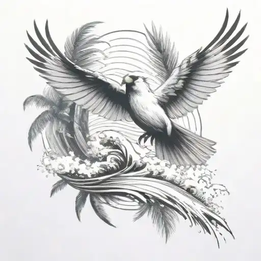 Cardinal Flying Under An Ocean Wave With Palm Tree Background